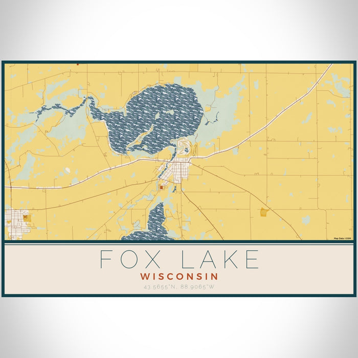 Fox Lake Wisconsin Map Print Landscape Orientation in Woodblock Style With Shaded Background