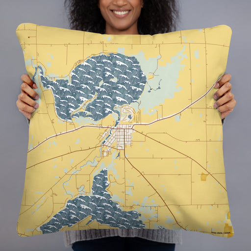 Person holding 22x22 Custom Fox Lake Wisconsin Map Throw Pillow in Woodblock