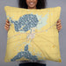 Person holding 22x22 Custom Fox Lake Wisconsin Map Throw Pillow in Woodblock