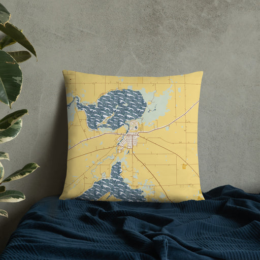 Custom Fox Lake Wisconsin Map Throw Pillow in Woodblock on Bedding Against Wall