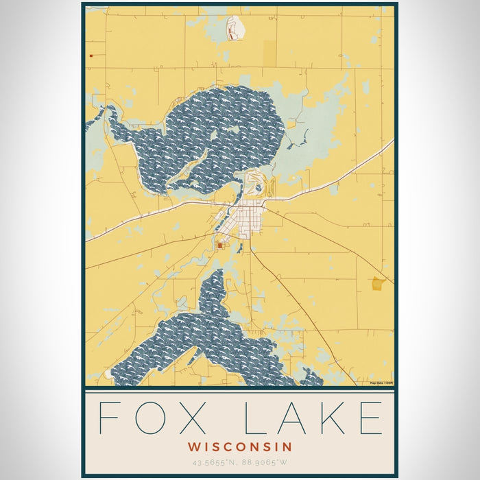 Fox Lake Wisconsin Map Print Portrait Orientation in Woodblock Style With Shaded Background