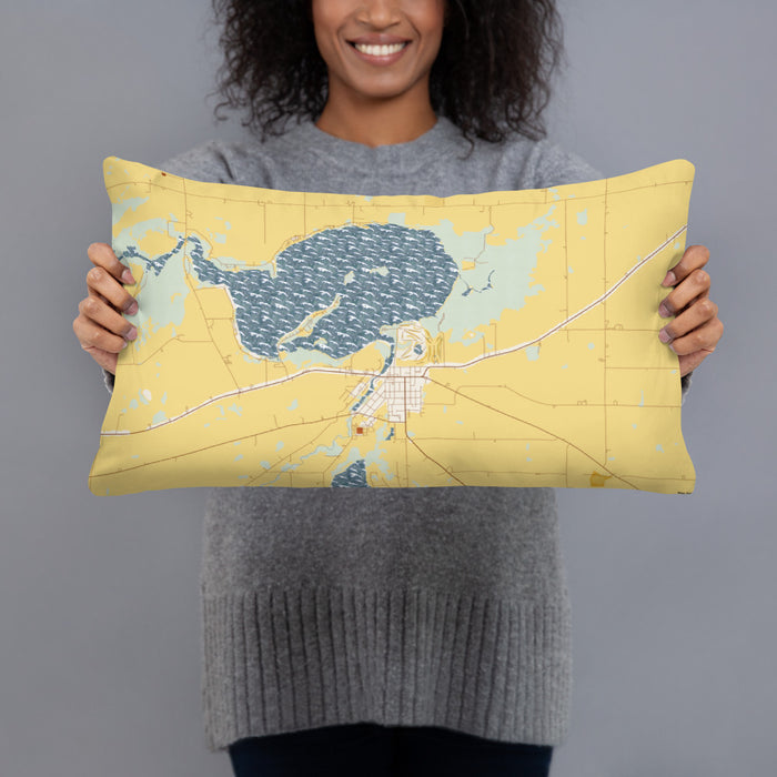 Person holding 20x12 Custom Fox Lake Wisconsin Map Throw Pillow in Woodblock