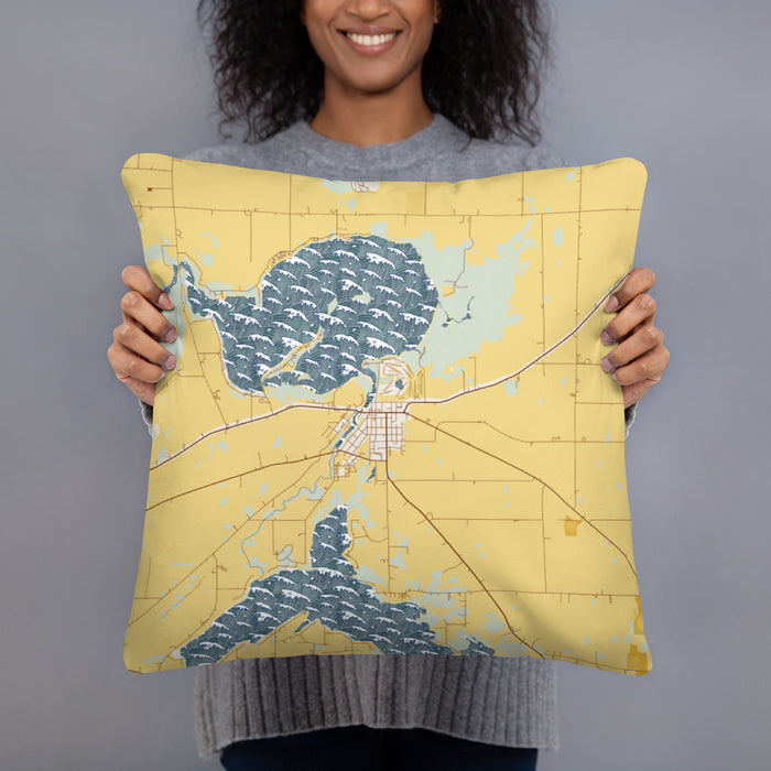 Person holding 18x18 Custom Fox Lake Wisconsin Map Throw Pillow in Woodblock