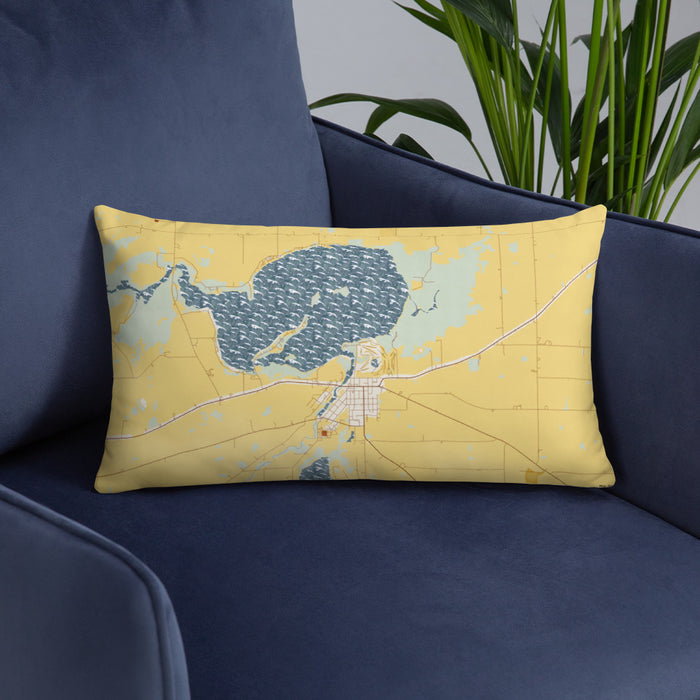 Custom Fox Lake Wisconsin Map Throw Pillow in Woodblock on Blue Colored Chair
