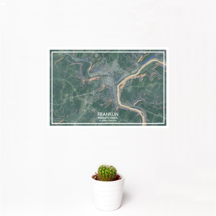 12x18 Franklin Pennsylvania Map Print Landscape Orientation in Afternoon Style With Small Cactus Plant in White Planter