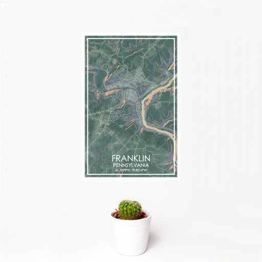 12x18 Franklin Pennsylvania Map Print Portrait Orientation in Afternoon Style With Small Cactus Plant in White Planter