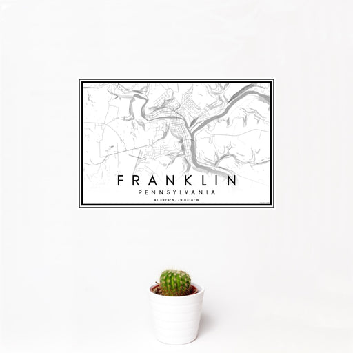 12x18 Franklin Pennsylvania Map Print Landscape Orientation in Classic Style With Small Cactus Plant in White Planter