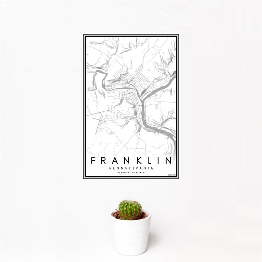 12x18 Franklin Pennsylvania Map Print Portrait Orientation in Classic Style With Small Cactus Plant in White Planter