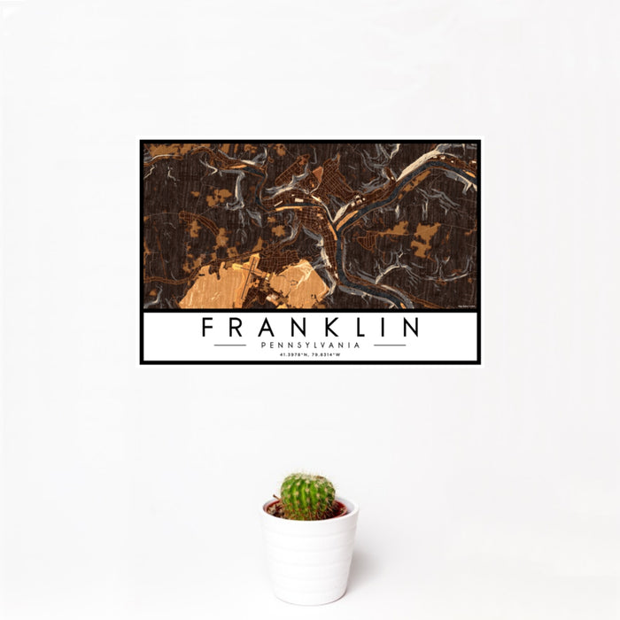 12x18 Franklin Pennsylvania Map Print Landscape Orientation in Ember Style With Small Cactus Plant in White Planter