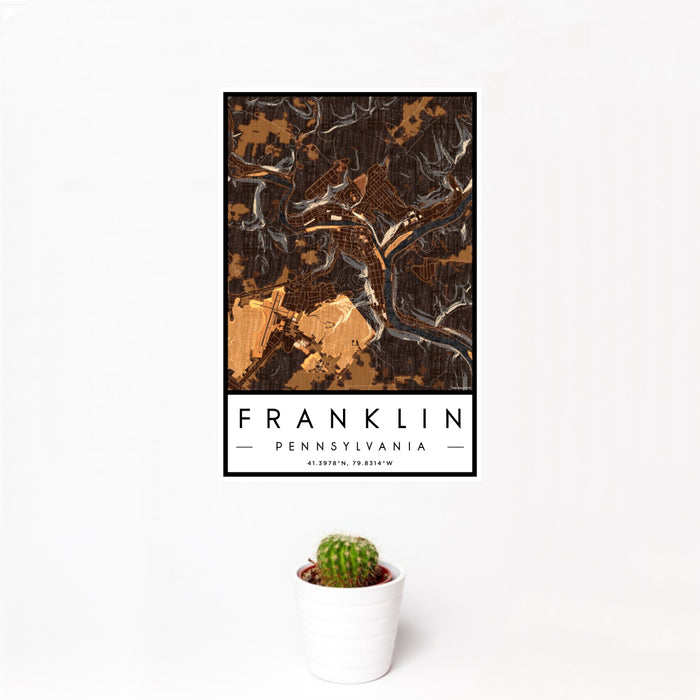 12x18 Franklin Pennsylvania Map Print Portrait Orientation in Ember Style With Small Cactus Plant in White Planter