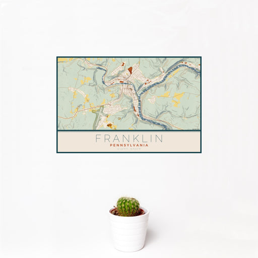 12x18 Franklin Pennsylvania Map Print Landscape Orientation in Woodblock Style With Small Cactus Plant in White Planter