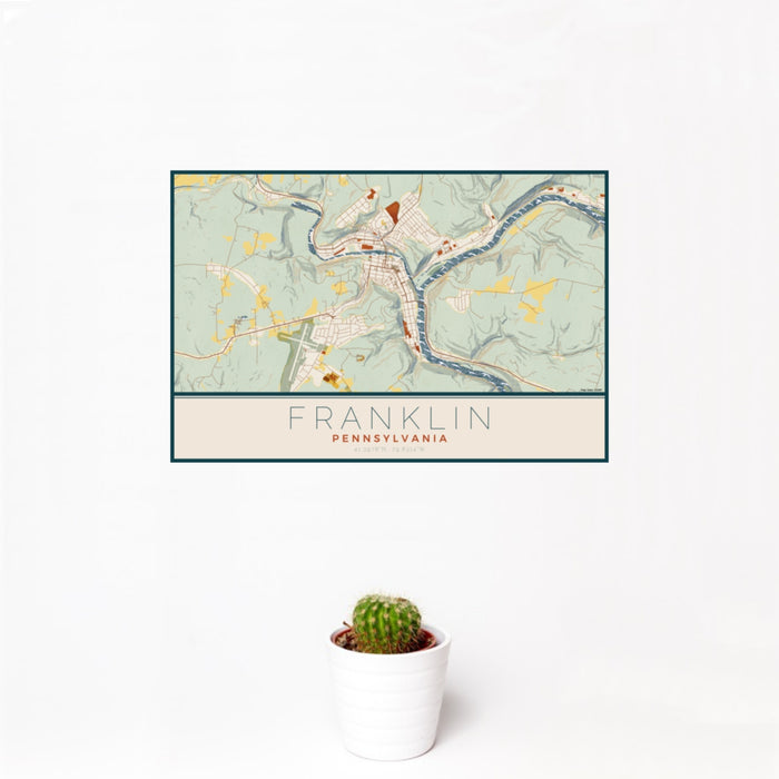 12x18 Franklin Pennsylvania Map Print Landscape Orientation in Woodblock Style With Small Cactus Plant in White Planter