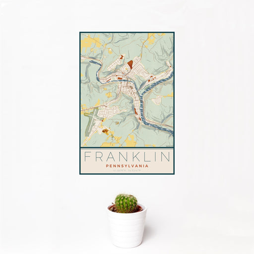 12x18 Franklin Pennsylvania Map Print Portrait Orientation in Woodblock Style With Small Cactus Plant in White Planter