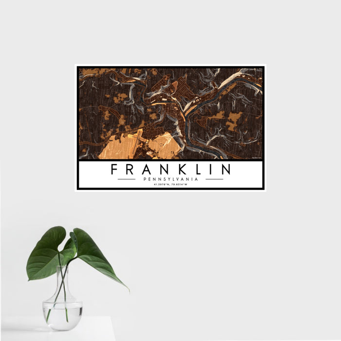 16x24 Franklin Pennsylvania Map Print Landscape Orientation in Ember Style With Tropical Plant Leaves in Water