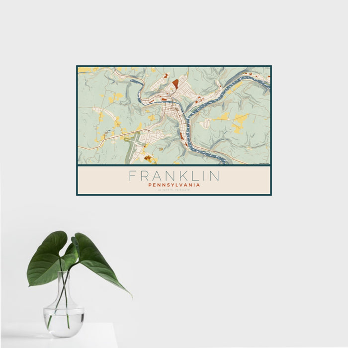 16x24 Franklin Pennsylvania Map Print Landscape Orientation in Woodblock Style With Tropical Plant Leaves in Water