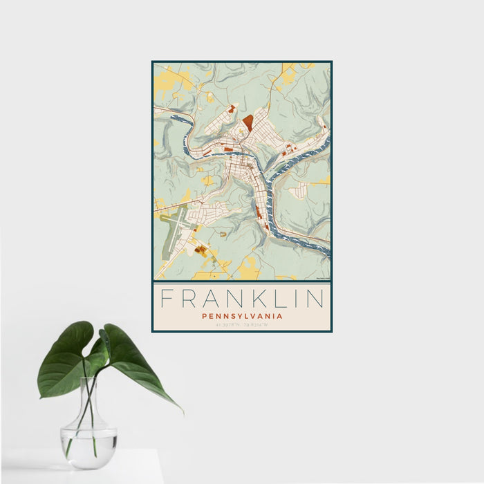 16x24 Franklin Pennsylvania Map Print Portrait Orientation in Woodblock Style With Tropical Plant Leaves in Water
