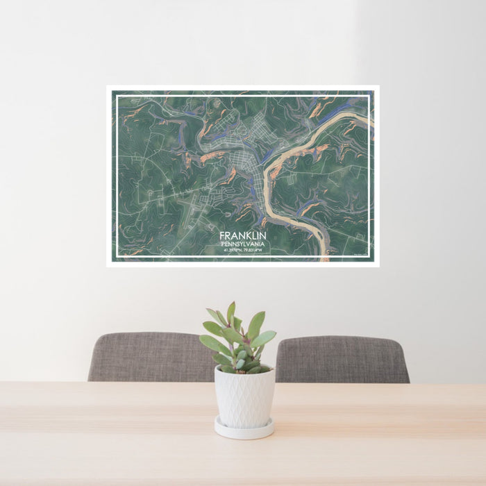 24x36 Franklin Pennsylvania Map Print Lanscape Orientation in Afternoon Style Behind 2 Chairs Table and Potted Plant