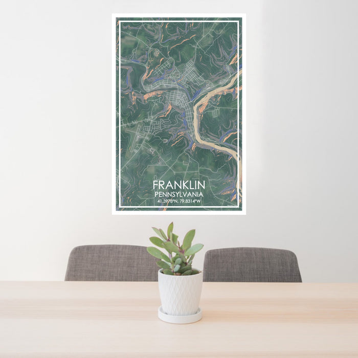 24x36 Franklin Pennsylvania Map Print Portrait Orientation in Afternoon Style Behind 2 Chairs Table and Potted Plant