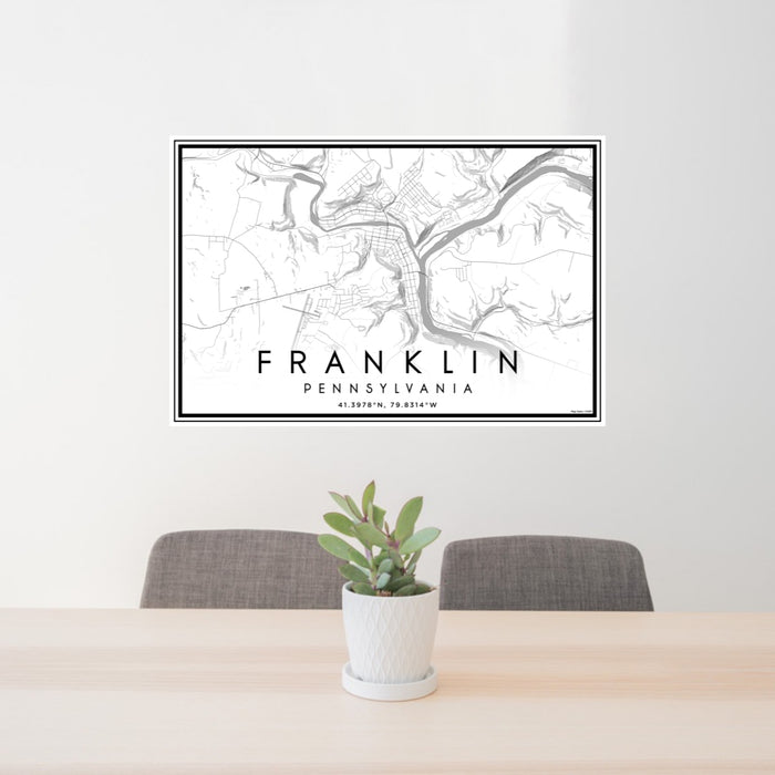 24x36 Franklin Pennsylvania Map Print Lanscape Orientation in Classic Style Behind 2 Chairs Table and Potted Plant