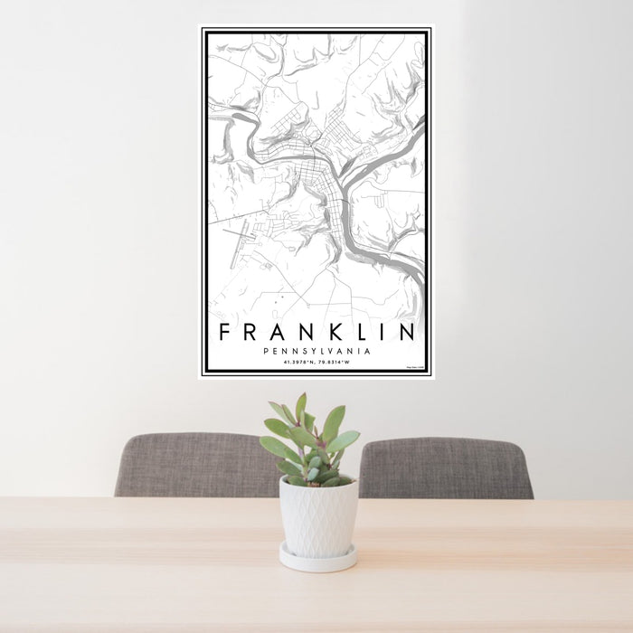 24x36 Franklin Pennsylvania Map Print Portrait Orientation in Classic Style Behind 2 Chairs Table and Potted Plant