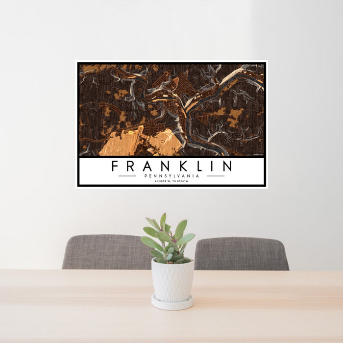 24x36 Franklin Pennsylvania Map Print Lanscape Orientation in Ember Style Behind 2 Chairs Table and Potted Plant