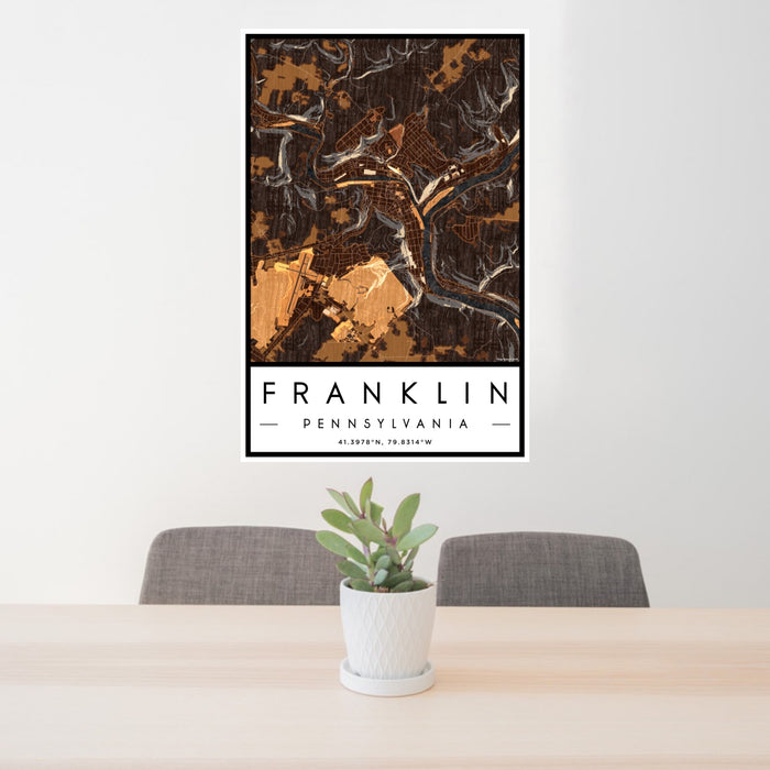 24x36 Franklin Pennsylvania Map Print Portrait Orientation in Ember Style Behind 2 Chairs Table and Potted Plant