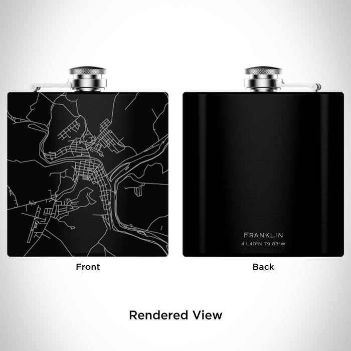 Rendered View of Franklin Pennsylvania Map Engraving on 6oz Stainless Steel Flask in Black