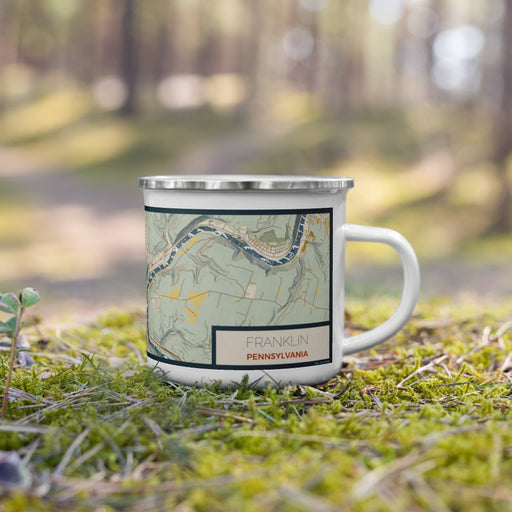 Right View Custom Franklin Pennsylvania Map Enamel Mug in Woodblock on Grass With Trees in Background