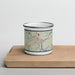 Front View Custom Franklin Pennsylvania Map Enamel Mug in Woodblock on Cutting Board