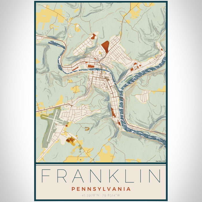 Franklin Pennsylvania Map Print Portrait Orientation in Woodblock Style With Shaded Background