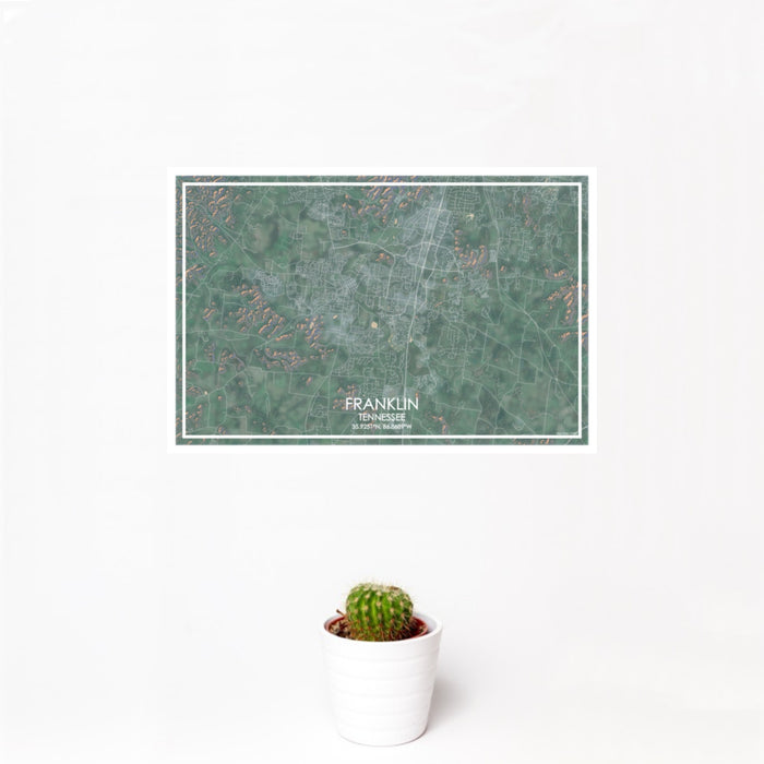 12x18 Franklin Tennessee Map Print Landscape Orientation in Afternoon Style With Small Cactus Plant in White Planter