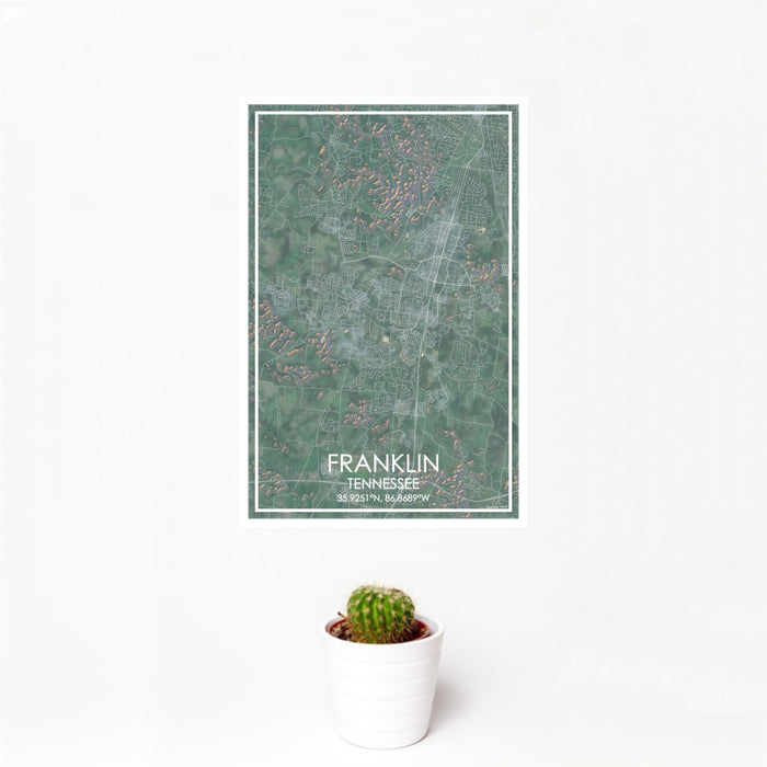12x18 Franklin Tennessee Map Print Portrait Orientation in Afternoon Style With Small Cactus Plant in White Planter