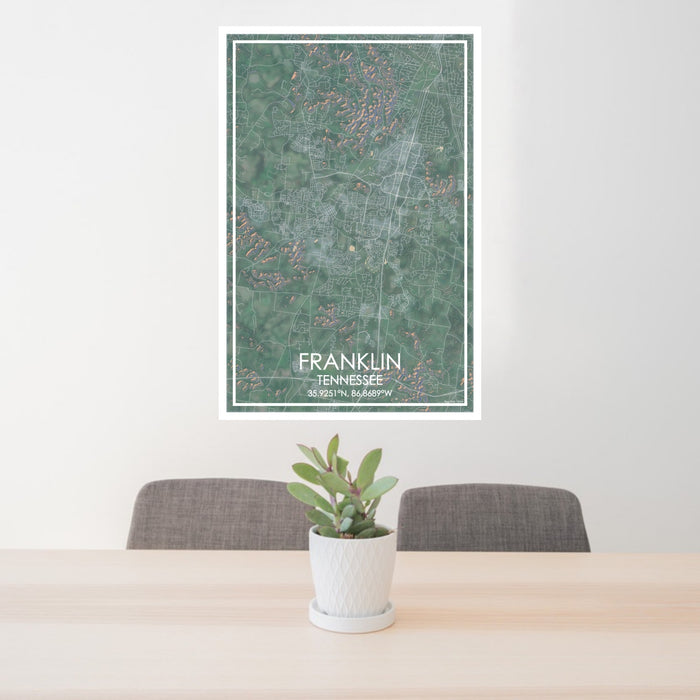 24x36 Franklin Tennessee Map Print Portrait Orientation in Afternoon Style Behind 2 Chairs Table and Potted Plant
