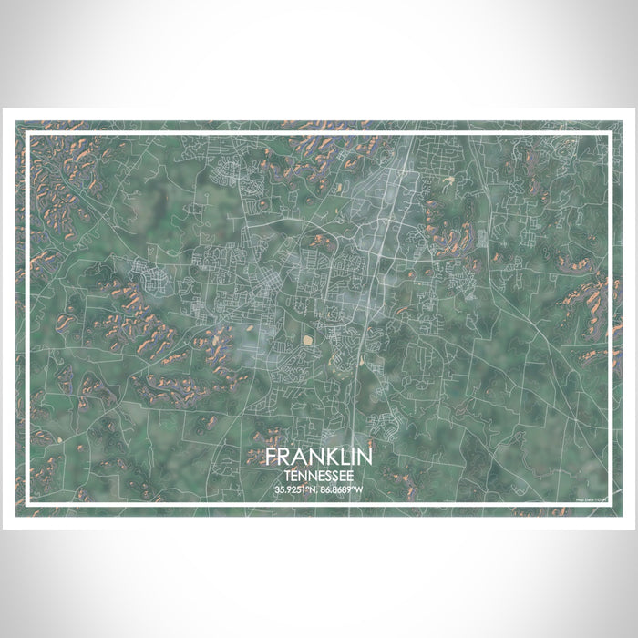 Franklin Tennessee Map Print Landscape Orientation in Afternoon Style With Shaded Background