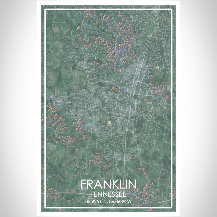 Franklin Tennessee Map Print Portrait Orientation in Afternoon Style With Shaded Background