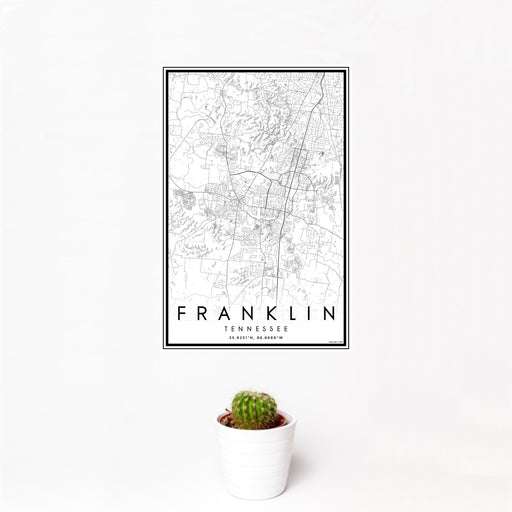 12x18 Franklin Tennessee Map Print Portrait Orientation in Classic Style With Small Cactus Plant in White Planter