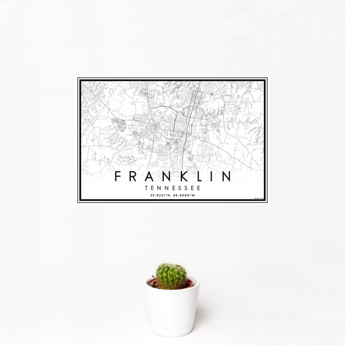12x18 Franklin Tennessee Map Print Landscape Orientation in Classic Style With Small Cactus Plant in White Planter