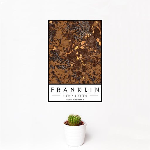12x18 Franklin Tennessee Map Print Portrait Orientation in Ember Style With Small Cactus Plant in White Planter