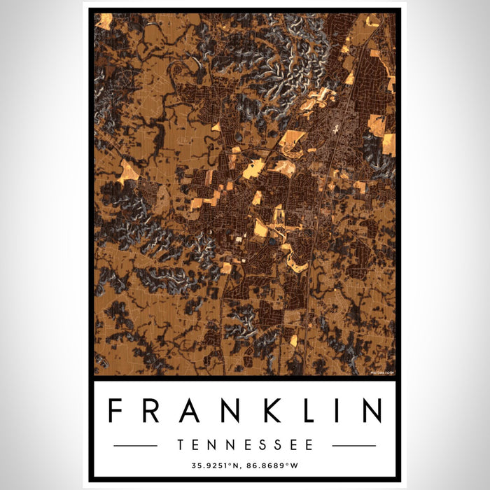 Franklin Tennessee Map Print Portrait Orientation in Ember Style With Shaded Background