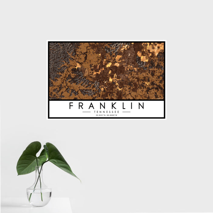 16x24 Franklin Tennessee Map Print Landscape Orientation in Ember Style With Tropical Plant Leaves in Water