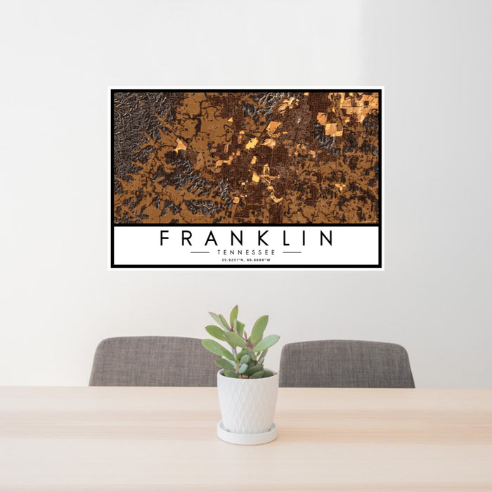 24x36 Franklin Tennessee Map Print Landscape Orientation in Ember Style Behind 2 Chairs Table and Potted Plant