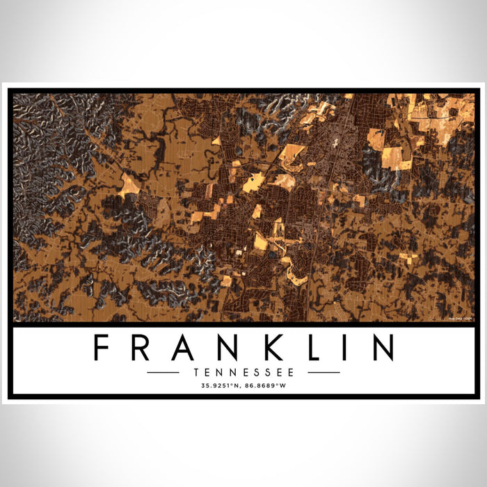 Franklin Tennessee Map Print Landscape Orientation in Ember Style With Shaded Background