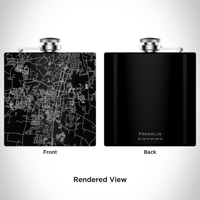 Rendered View of Franklin Tennessee Map Engraving on 6oz Stainless Steel Flask in Black