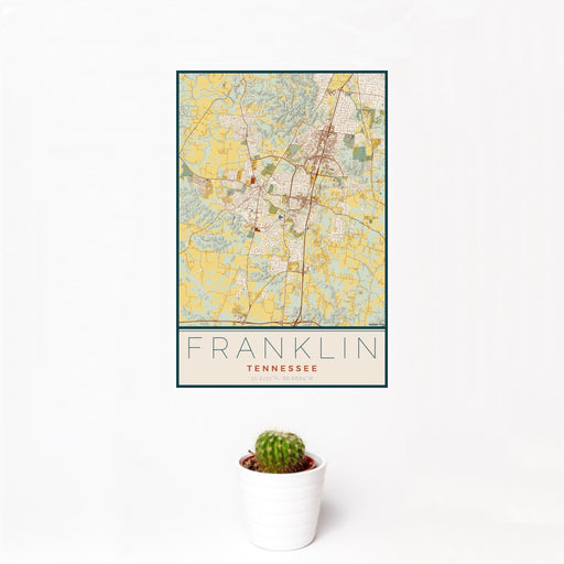 12x18 Franklin Tennessee Map Print Portrait Orientation in Woodblock Style With Small Cactus Plant in White Planter