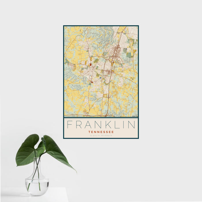 16x24 Franklin Tennessee Map Print Portrait Orientation in Woodblock Style With Tropical Plant Leaves in Water