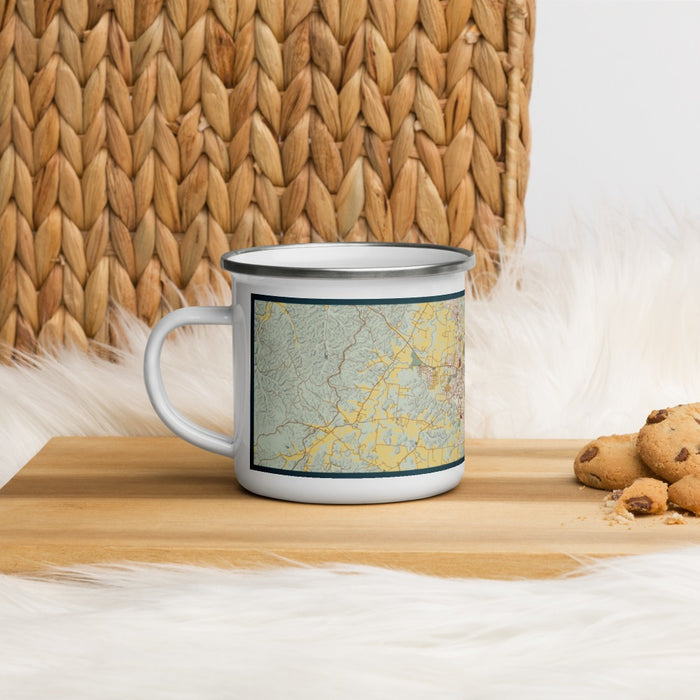 Left View Custom Franklin Tennessee Map Enamel Mug in Woodblock on Table Top