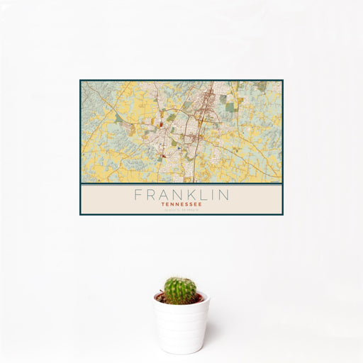 12x18 Franklin Tennessee Map Print Landscape Orientation in Woodblock Style With Small Cactus Plant in White Planter