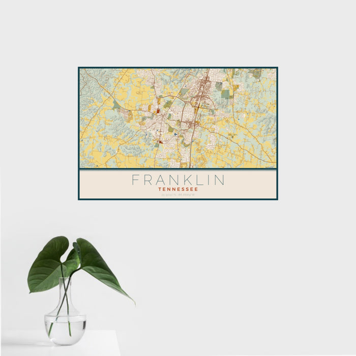 16x24 Franklin Tennessee Map Print Landscape Orientation in Woodblock Style With Tropical Plant Leaves in Water