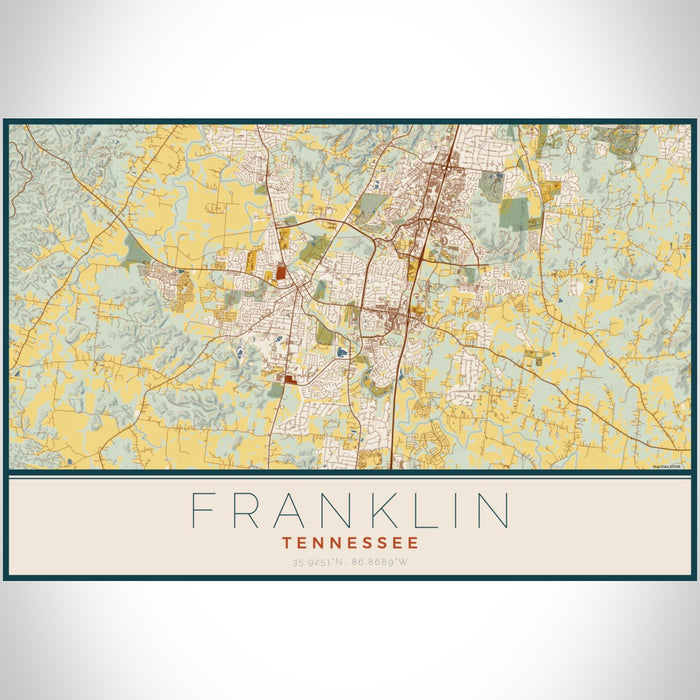 Franklin Tennessee Map Print Landscape Orientation in Woodblock Style With Shaded Background