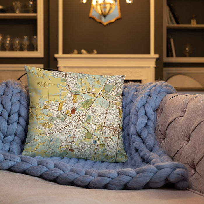 Custom Franklin Tennessee Map Throw Pillow in Woodblock on Cream Colored Couch